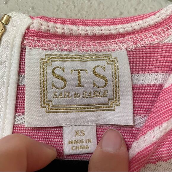 Sail To Sable Pink White Striped Short Sleeve Fit Flare Mini Dress Womens XS STS - Picture 3 of 8